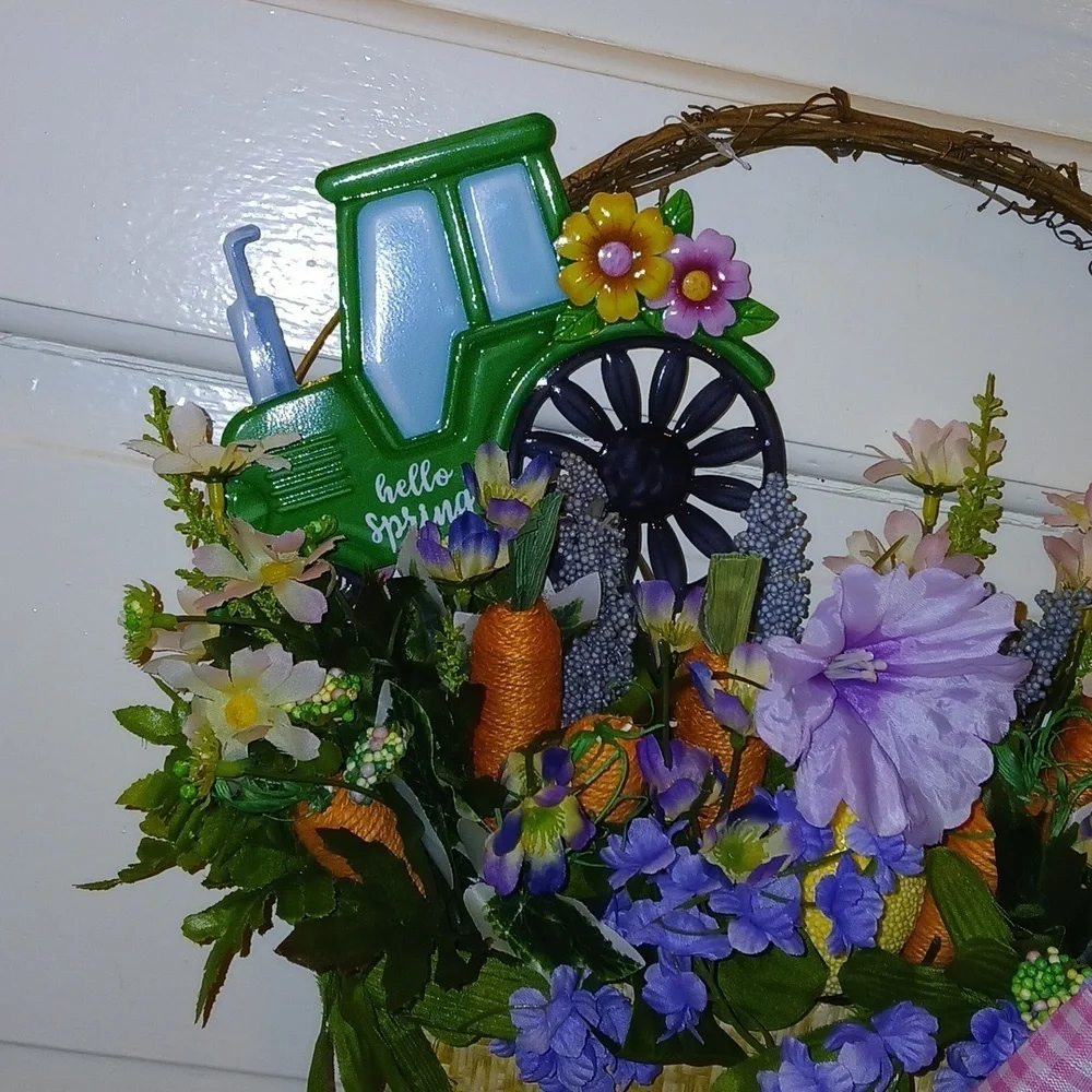 Spring basket wreath door hanger farmhouse tractor flowers 💐